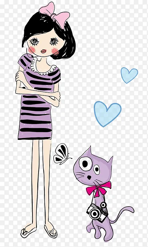 卡通手绘穿紫色裙子的女孩与猫咪