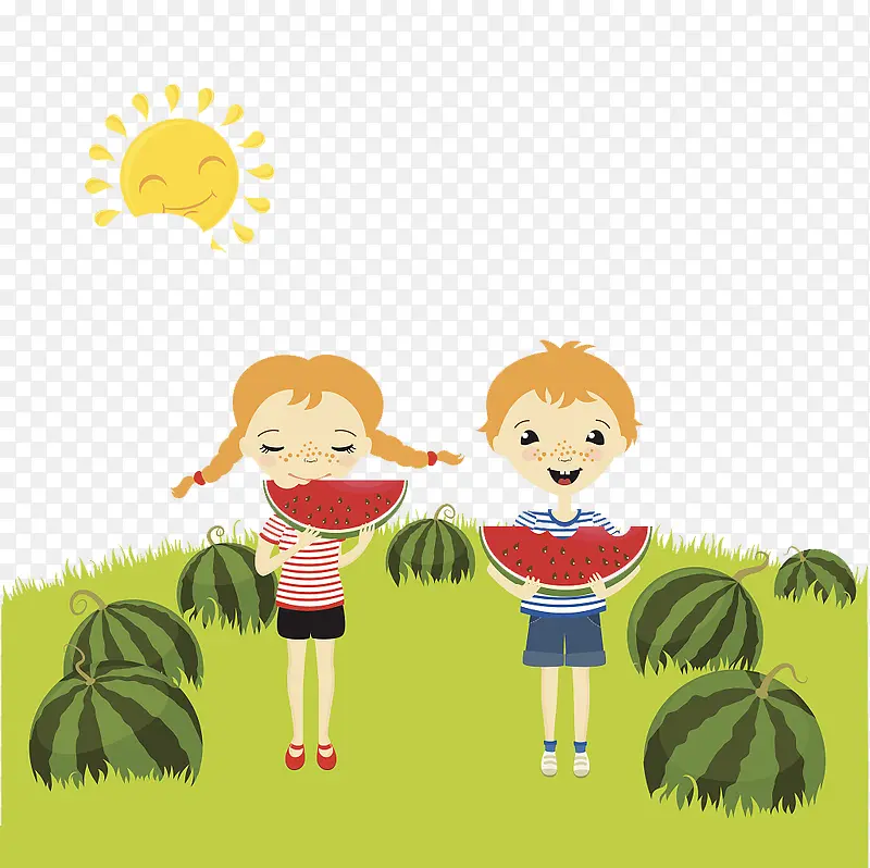 夏日草地上吃西瓜的孩子