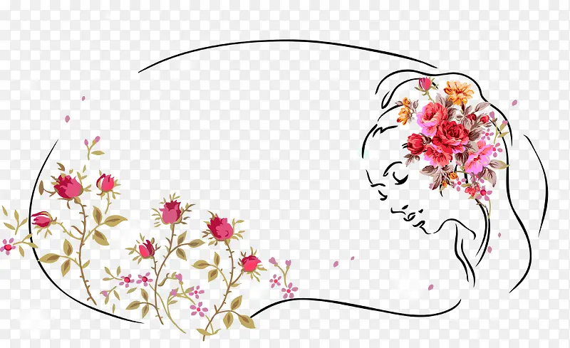 矢量线描美女头像花纹背景