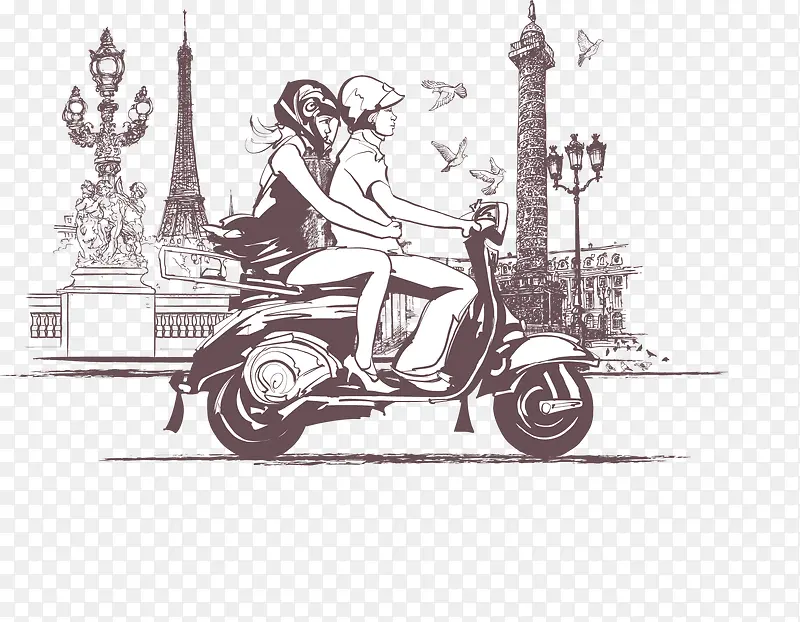 矢量手绘骑摩托车的情侣