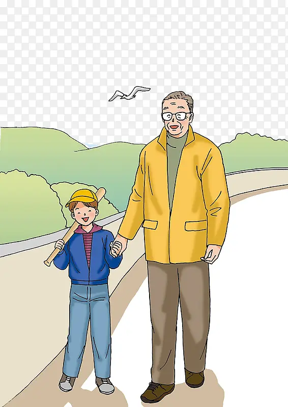 爷爷与孩子牵手走路