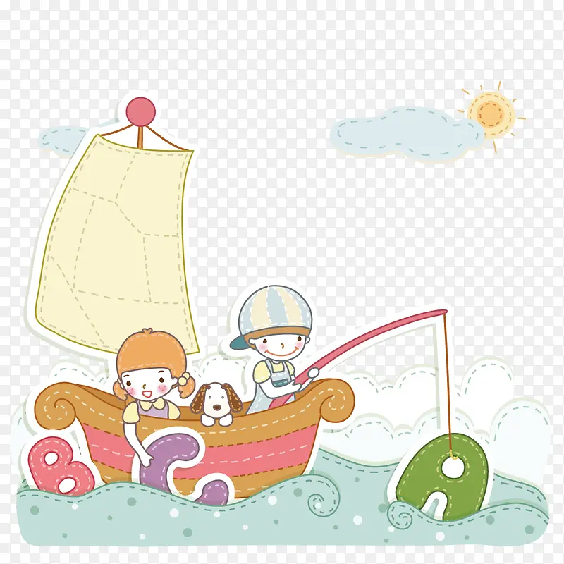 在船上钓鱼的小孩