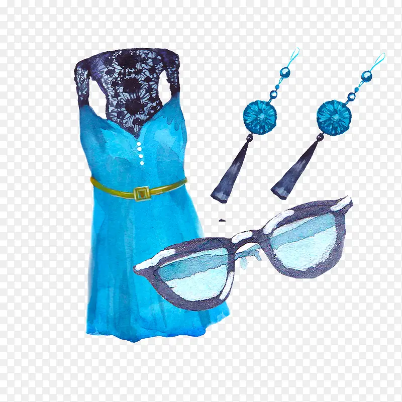 手绘水彩蓝色裙子眼镜耳环