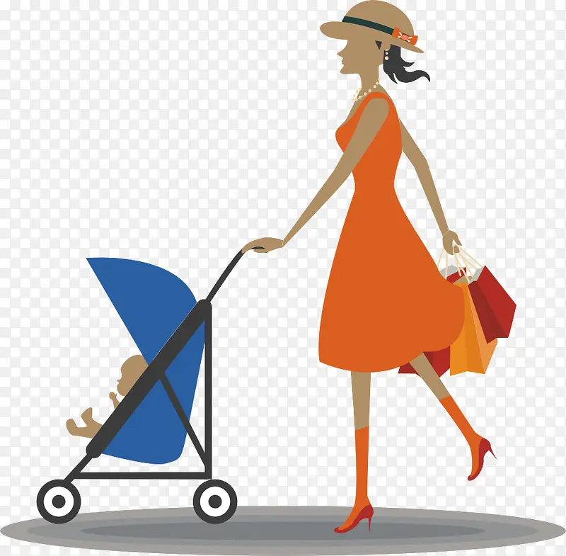 时尚女人推着婴儿车