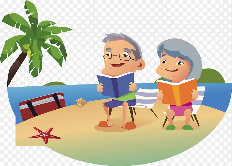 矢量沙滩上看书的爷爷奶奶