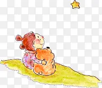 拥抱着小熊看天上面的星星