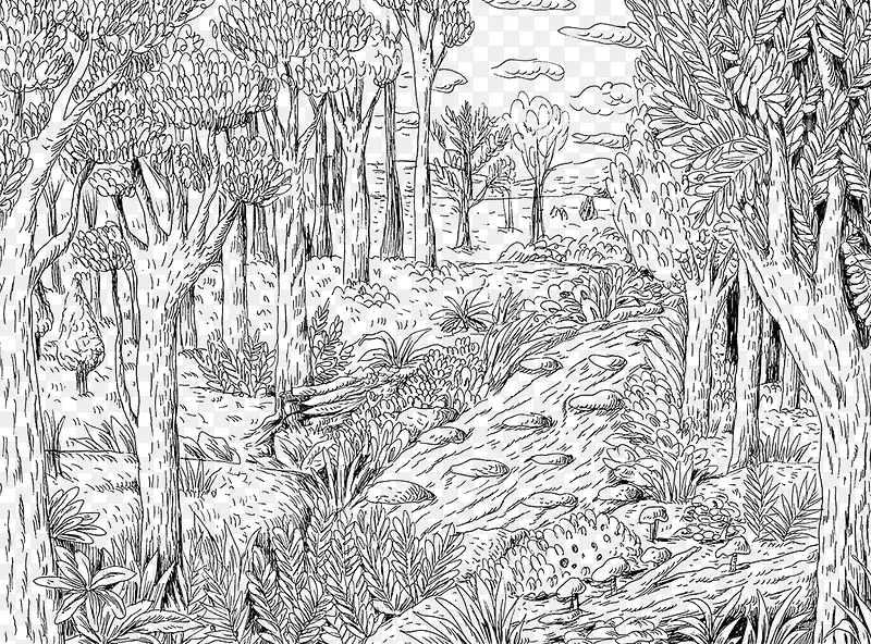 黑白线描稿森林图案背景