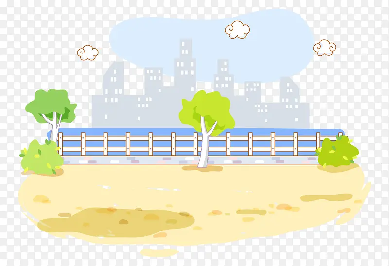 卡通手绘江景城市江边树木