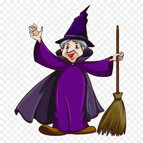 卡通拿着魔法扫帚的老女巫