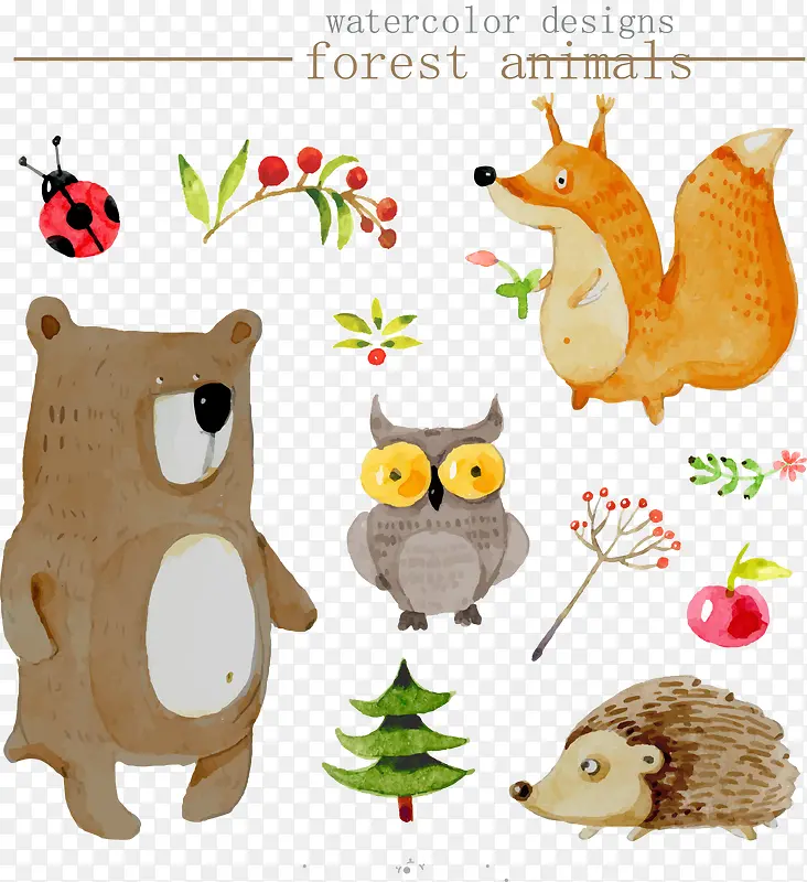 6款可爱水彩绘森林动物矢量图