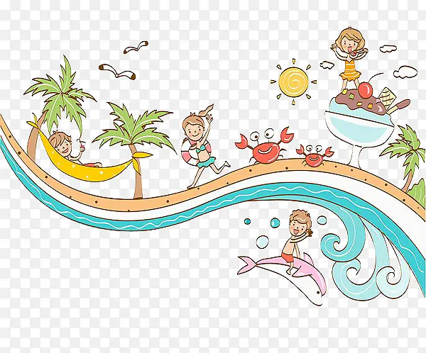 孩子在海边玩冲浪