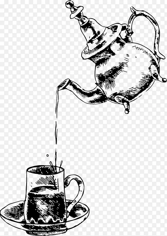 矢量茶壶茶杯倒茶