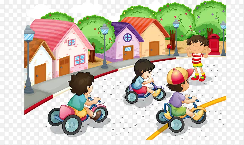 卡通儿童单车比赛街景矢量素材