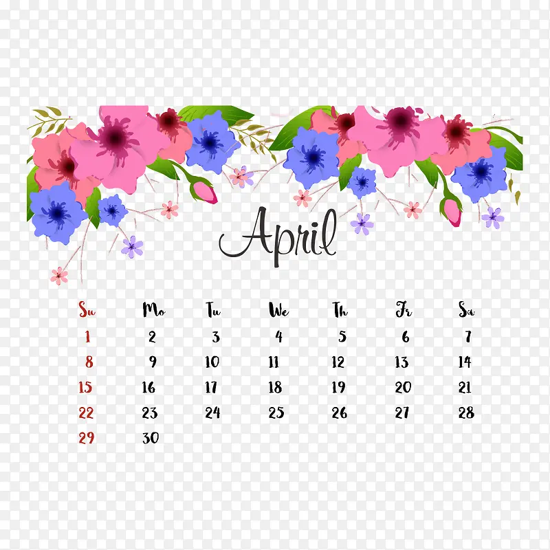 红蓝色花朵2018年4月日历