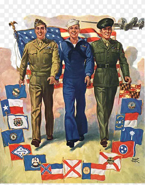 二战同盟国旗帜与士兵