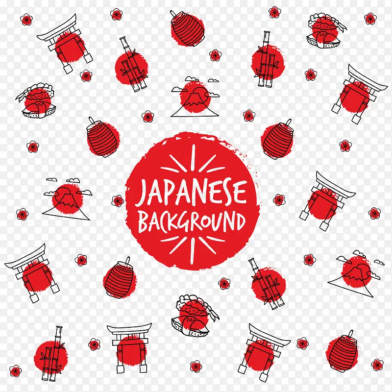 手绘日本元素的红色圆圈背景