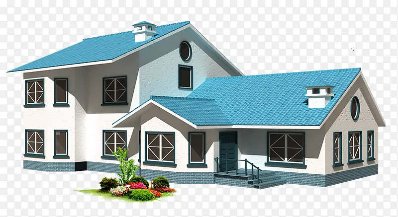 蓝色屋顶建筑免抠素材
