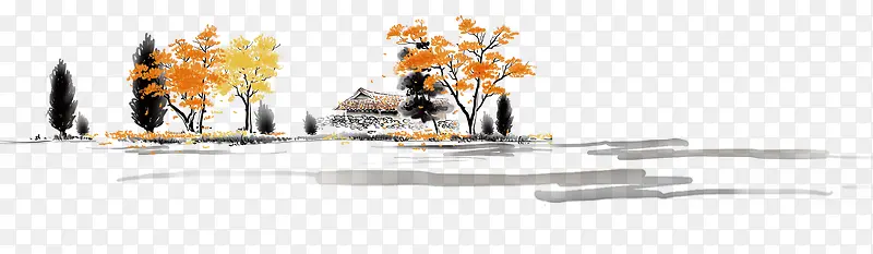 唯美精美中国风水彩风景树水房子