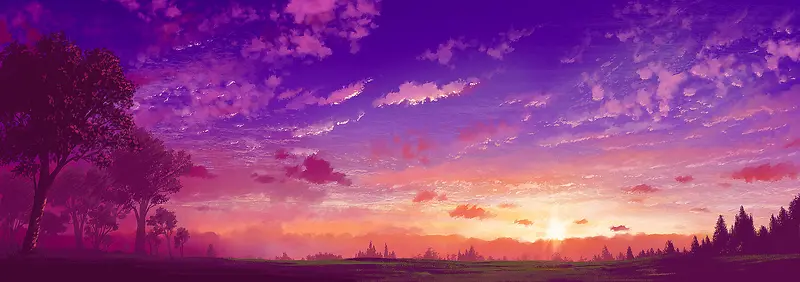 紫色天空夕阳树林