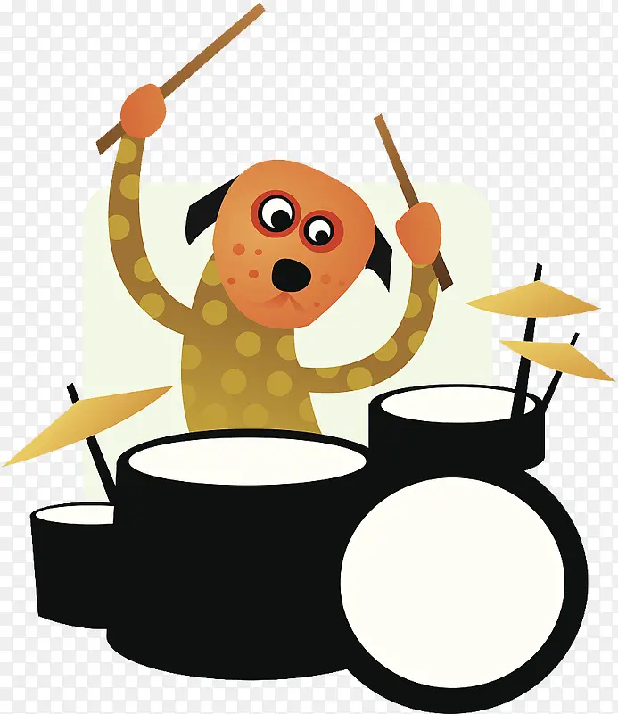 卡通插图表演架子鼓的小狗