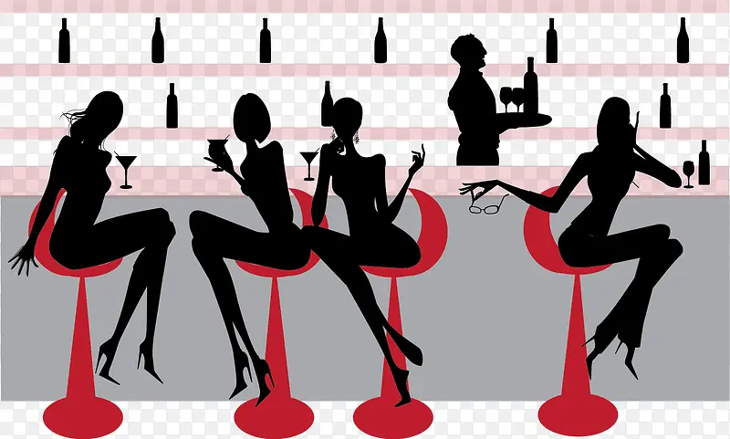 坐在酒吧吧台喝酒的女人们剪影