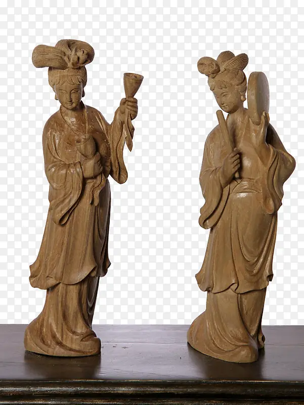 两个古典仕女木雕
