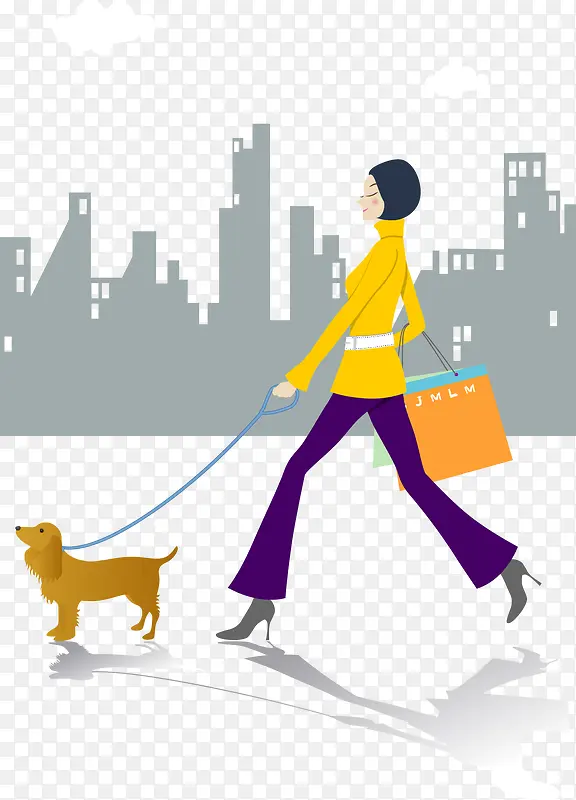 扁平插图牵着狗走路的时尚女人
