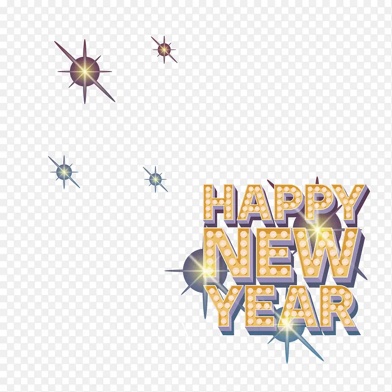 新年快乐英文霓虹灯牌和亮光点