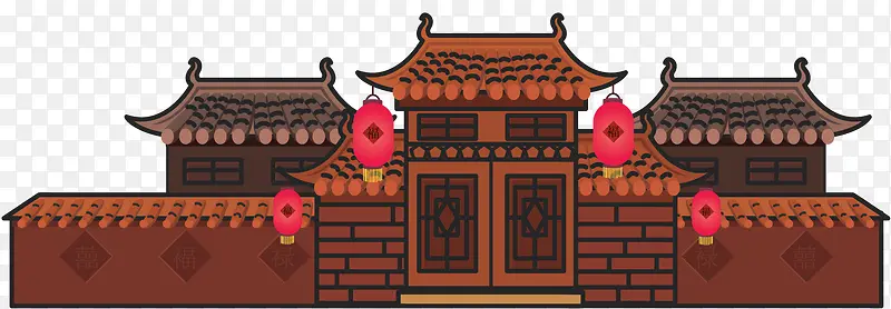 中国风新年房屋建筑插画素材