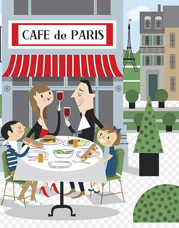 可爱插图一家人露天咖啡厅聚餐