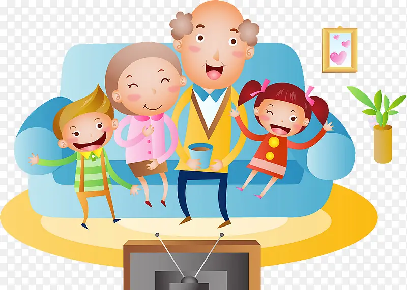老人与孩子一起坐在沙发看电视