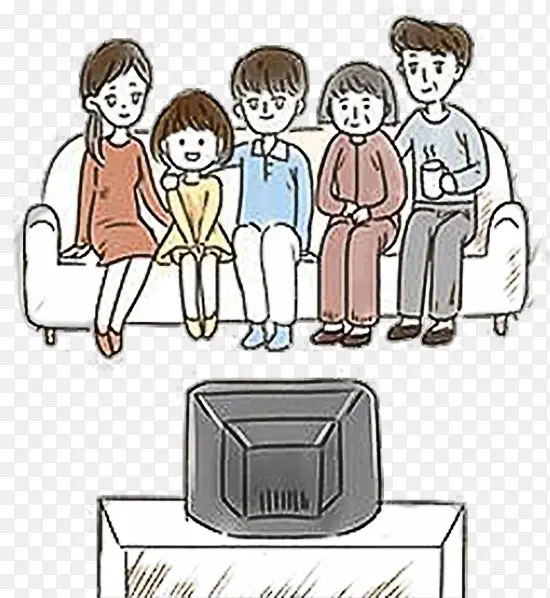 卡通一家人看电视PNG插画