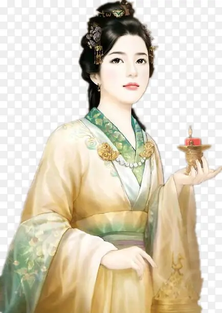 彩绘立绘黄色衣服女子拿着蜡烛