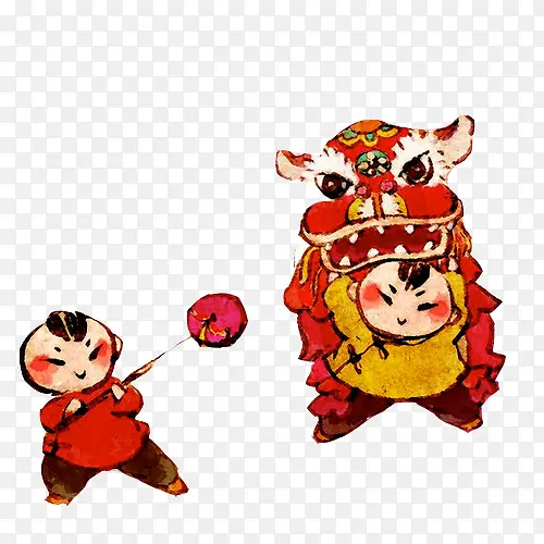 春节双人舞狮水彩画