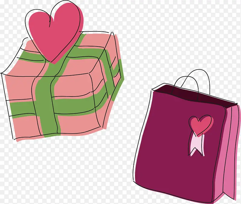 矢量手绘粉色礼物袋和礼物盒