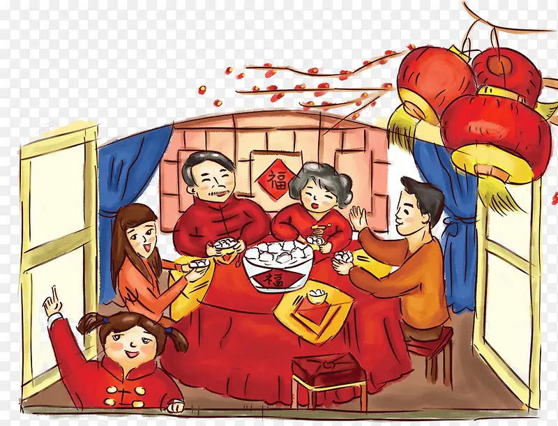 红色中国风团圆饭