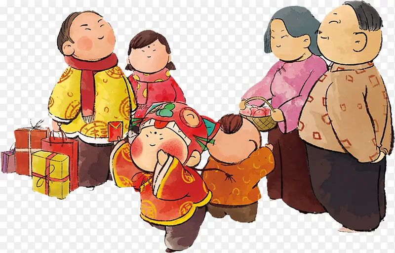 卡通中国风过年一家人
