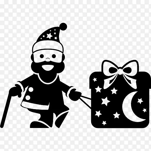 圣诞老人用手杖在一个巨大的礼品盒图标