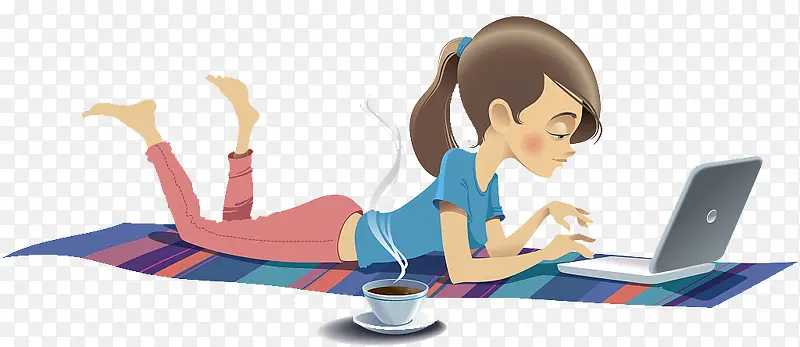 卡通插图趴着玩电脑的女孩喝咖啡
