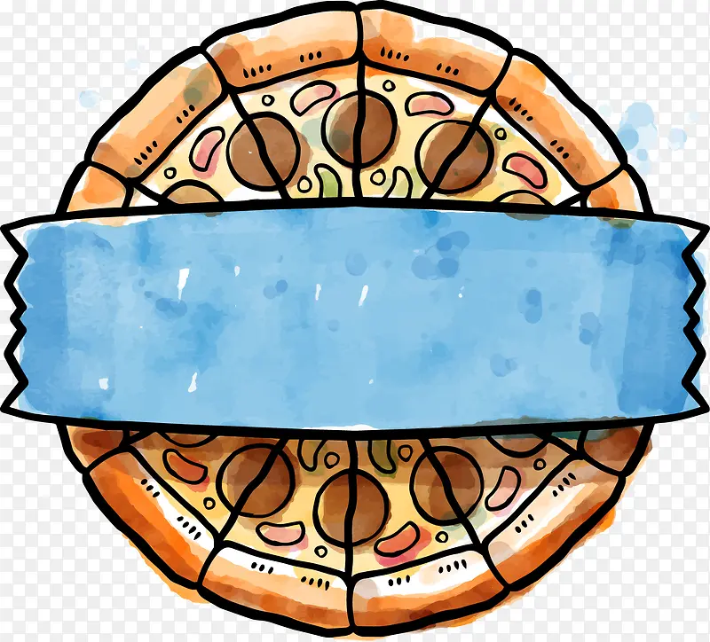 精美水彩披萨飘带标签