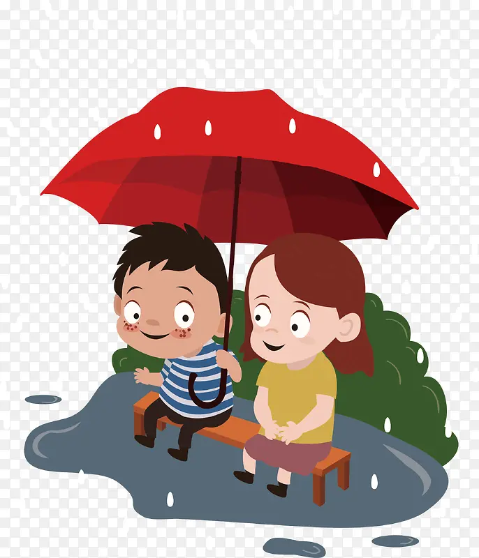 下雨天共同撑伞的小情侣