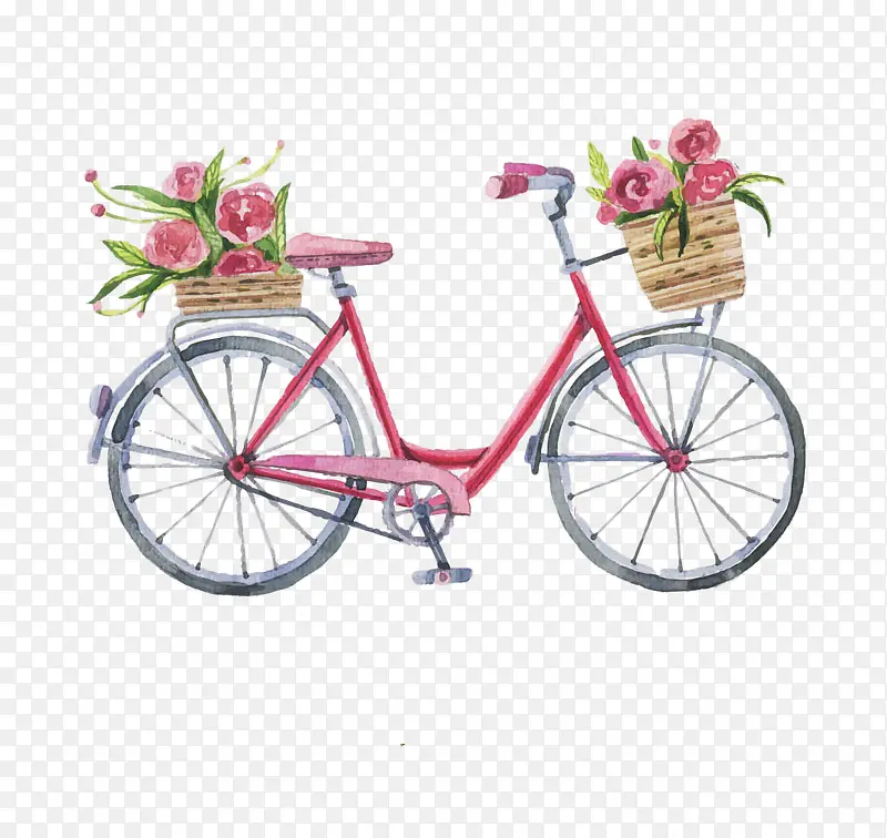 水彩绘装满花的自行车