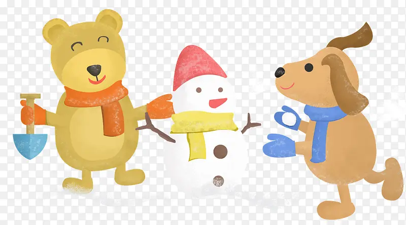 堆雪人的小狗和小熊