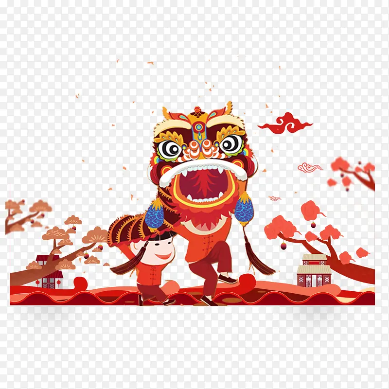 红色喜庆舞狮节日元素