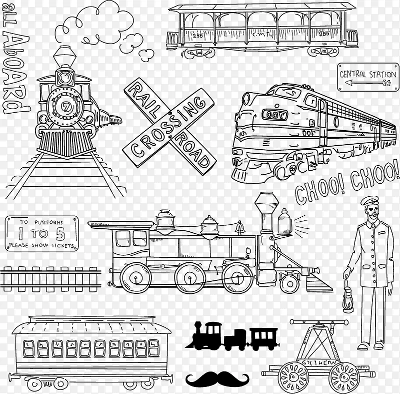 手绘素描各式火车