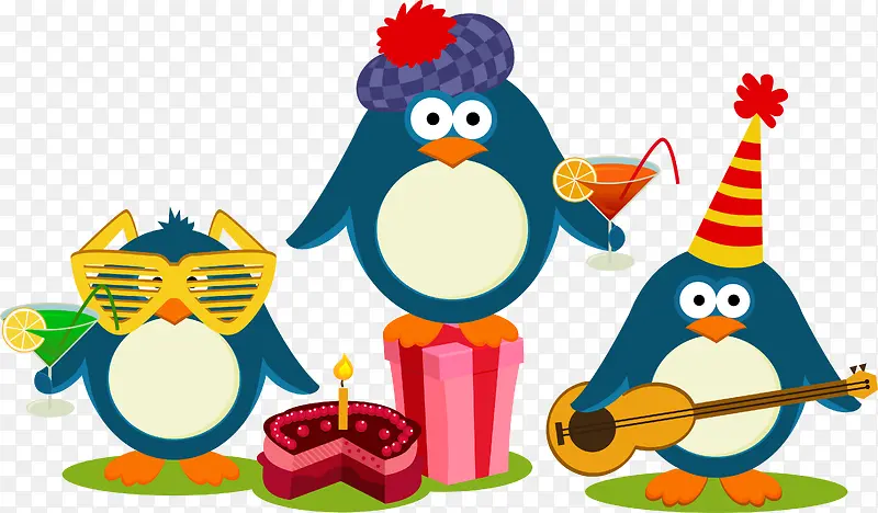 三只卡通企鹅庆祝生日矢量图