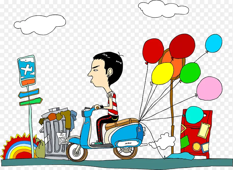 矢量图骑着绑着彩色气球的电动车