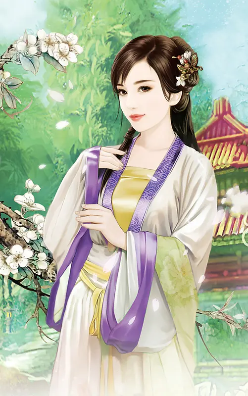 手绘树林里的美女