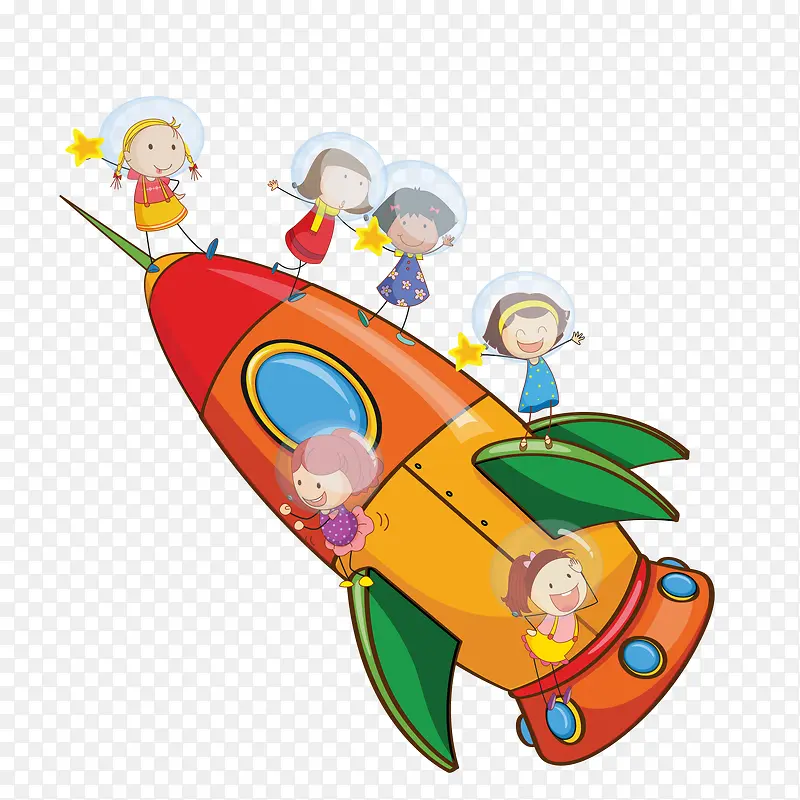 卡通儿童乘坐火箭创意插画