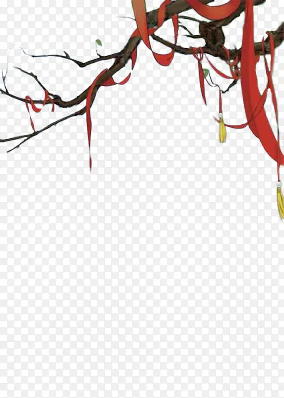 缠绕红色丝带的树枝手绘背景